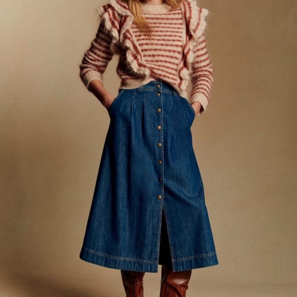 Sezane Blue Denim A-Line Button-Front Midi Skirt